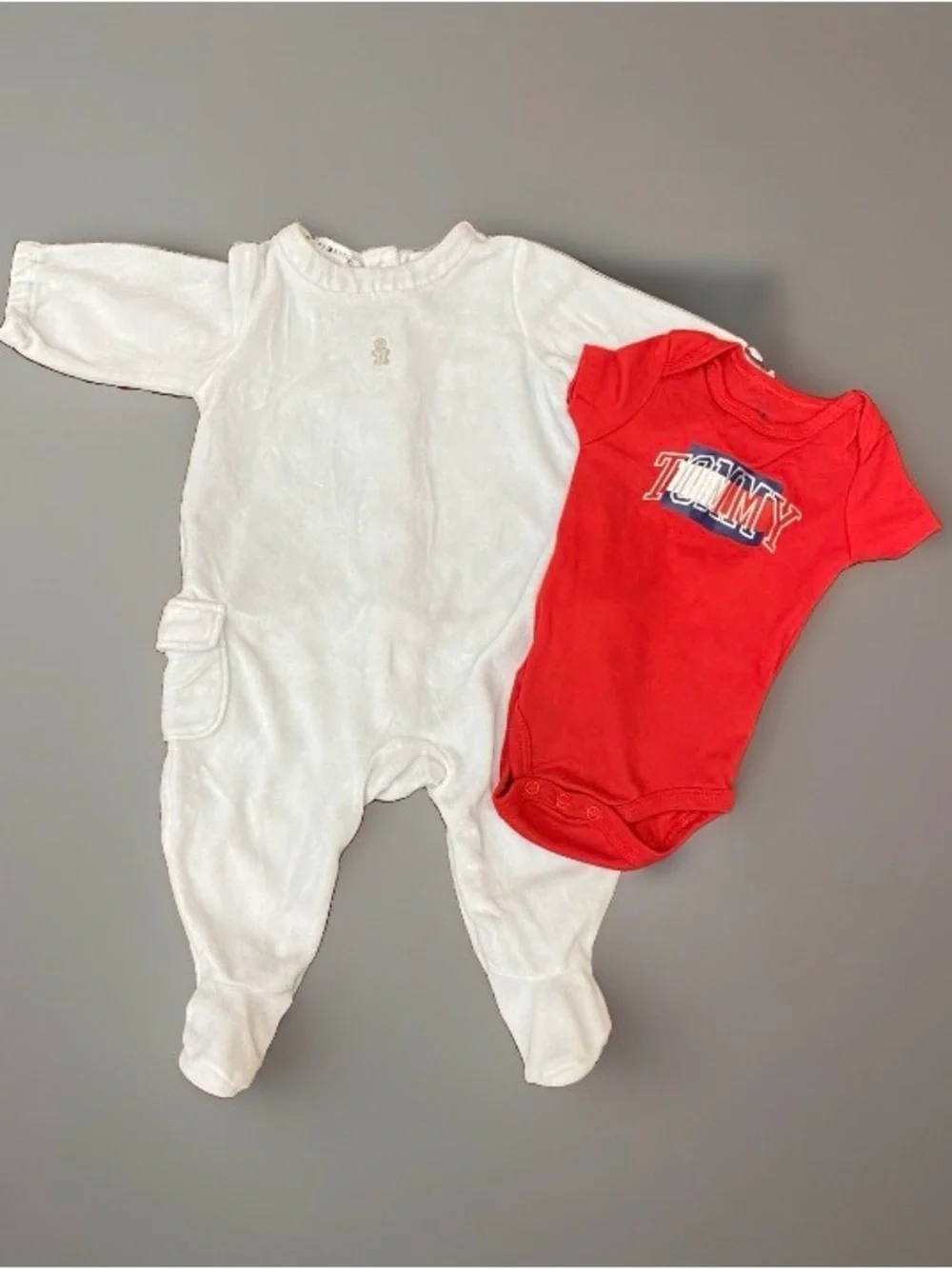 Vntg Tommy Hilfiger Baby Bundle 3-6 Months Red Bodysuit & Velour Footed Sleeper